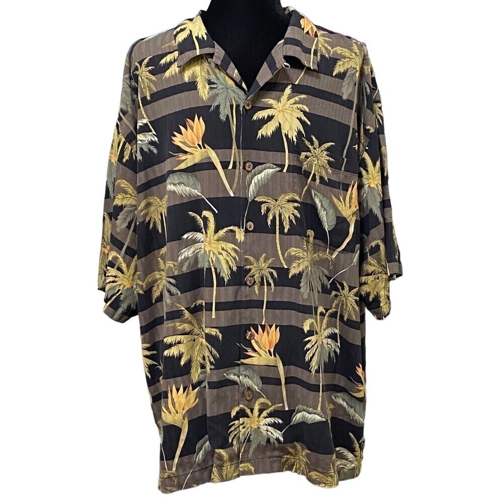 Tommy Bahama Silk Hawaiian Shirt Large Palm Tree Bird of Paradise Aloha Tropical